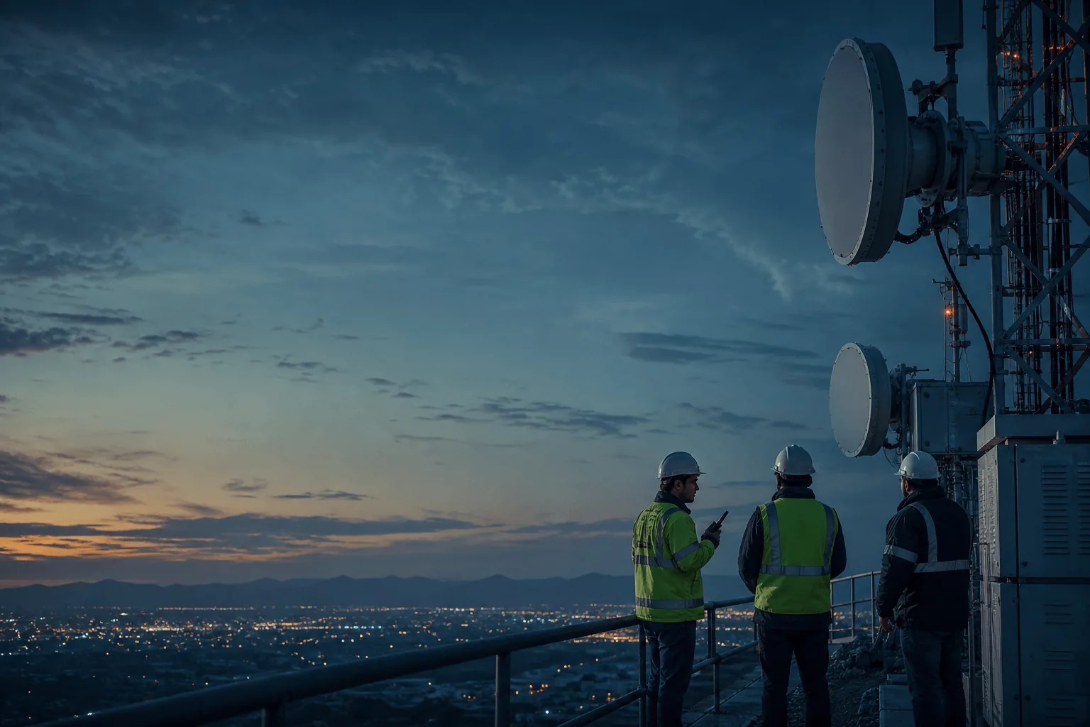 Engineers reviewing microwave antenna deployment at dusk