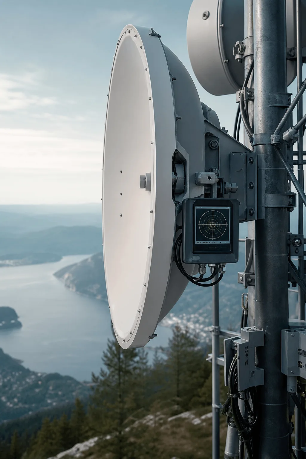 Close view of directional microwave antenna infrastructure