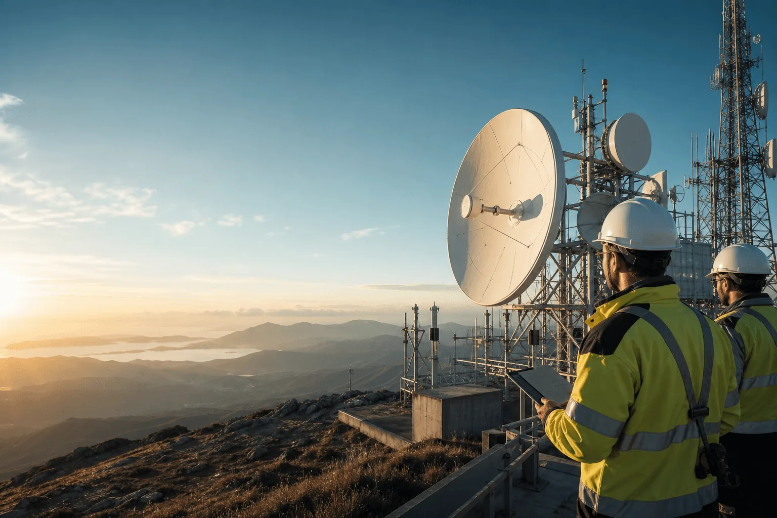 Engineers working around microwave antennas on an infrastructure site